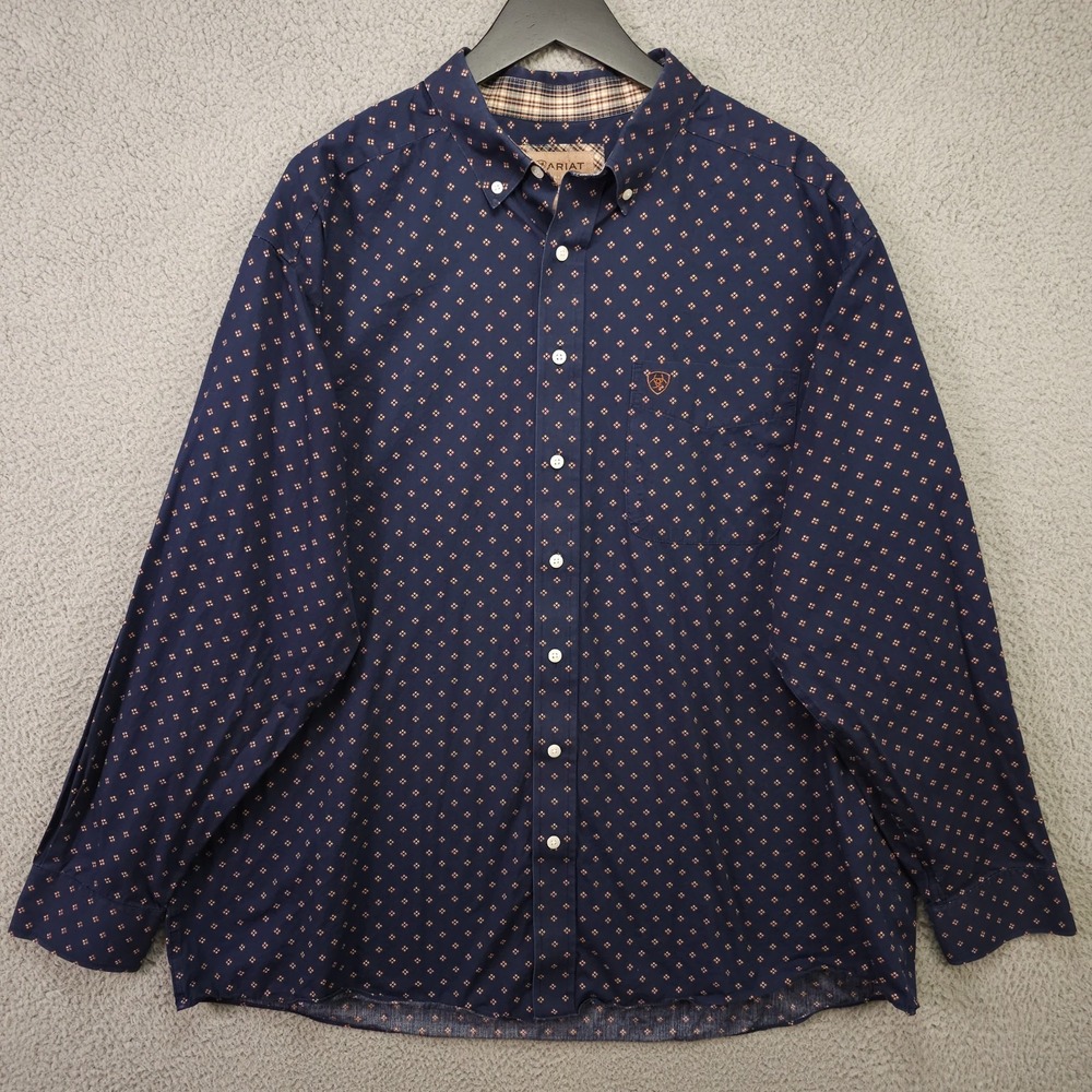 Ariat Kaiser Shirt Mens XXL Blue Tan Geo Print Long Sleeve Wrinkle Free Rodeo - Picture 2 of 16